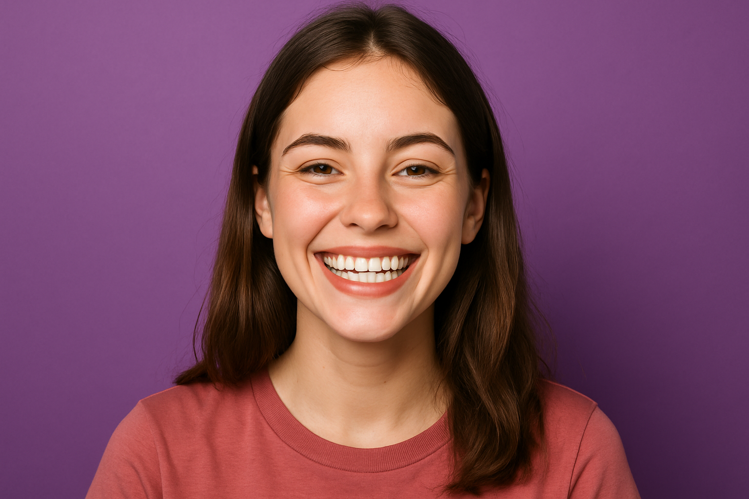 Girl smilling with with and bright teeth. purple backround 